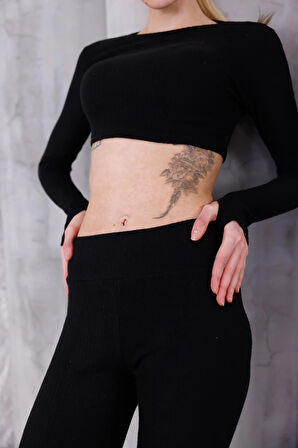 Kadın İspanyol Paça Pantolon Uzun Kollu Parmak Geçirmeli Crop Takım