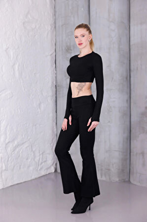 Kadın İspanyol Paça Pantolon Uzun Kollu Parmak Geçirmeli Crop Takım