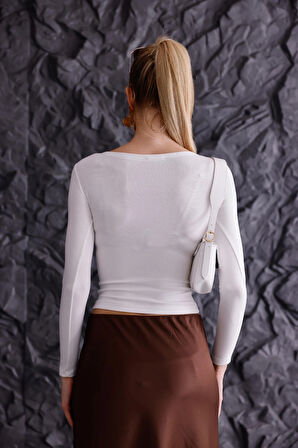 Buzzy Kumaş Uzun Kollu Kayık Yaka Bluz