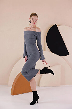 Madonna Yaka Dar Kalıp Uzun Kollu Elbise