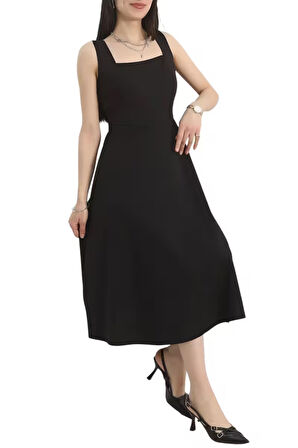 Siyah Midi Viskon Elbise
