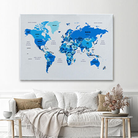 Harita Sepeti Türkçe Dünya Haritası Dekoratif Kanvas Tablo Ülke ve Başkentli 1500