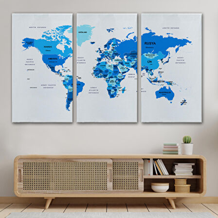 Harita Sepeti Türkçe Dünya Haritası Dekoratif Kanvas Tablo Ülke ve Başkentli 1500