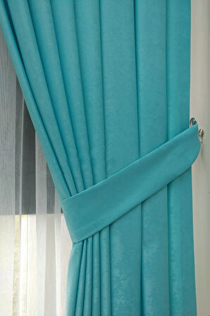Fon Kumaş Perde Turkuaz Renk Kadifemsi Yumuşak Soft Kanat Yan Perde 1e 3 Dökümlü Pile