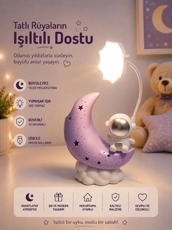 Astronot Ay Gece Lambası - Yıldız Projeksiyonlu USB Masa Lambası Lila