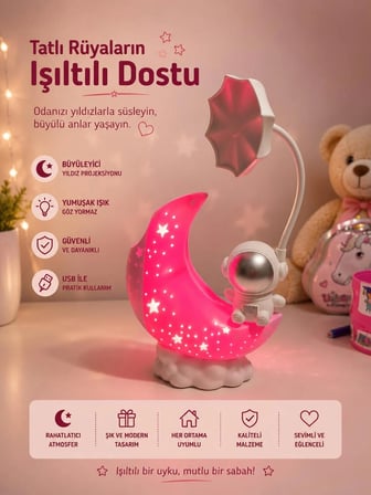 Astronot Ay Gece Lambası - Yıldız Projeksiyonlu USB Masa Lambası Lila