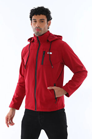 Erkek Softshell Kumaş Kapüşonlu Bordo Su Geçirmez Spor Fermuarlı Yağmurluk - 1501