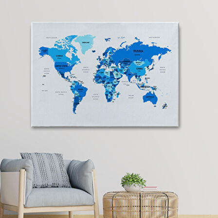 Harita Sepeti Dünya Haritası Dekoratif Kanvas Tablo Ülke ve Başkentli 1501