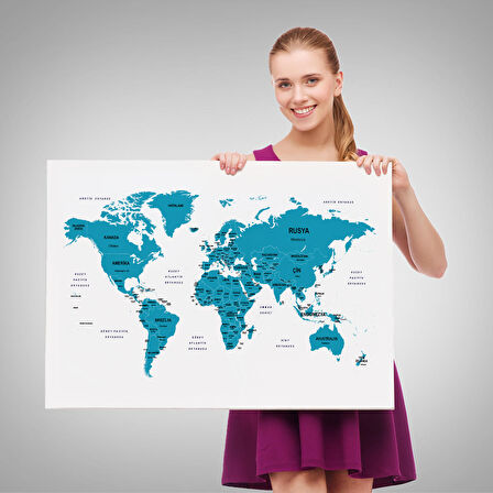 Harita Sepeti Türkçe Dünya Haritası Dekoratif Kanvas Tablo Ülke ve Başkentli 1502