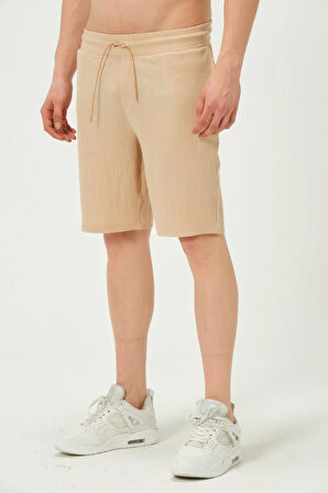 Erkek Crinkle Kumaş Regular Fit Şort Bej