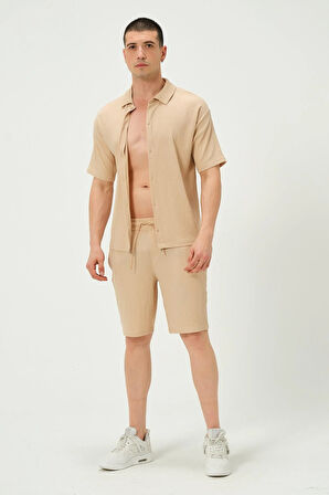 Erkek Crinkle Kumaş Regular Fit Şort Bej