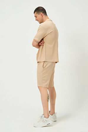 Erkek Crinkle Kumaş Regular Fit Şort Bej