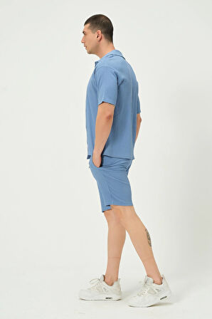 Erkek Crinkle Kumaş Regular Fit Şort Mavi