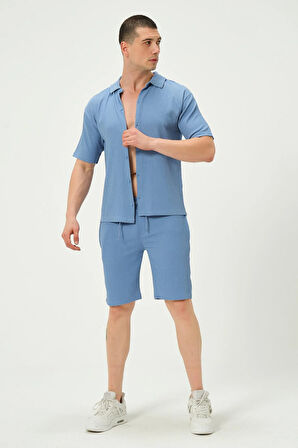 Erkek Crinkle Kumaş Regular Fit Şort Mavi