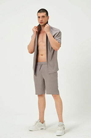 Erkek Crinkle Kumaş Regular Fit Şort Gri