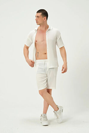 Erkek Crinkle Kumaş Regular Fit Şort Beyaz