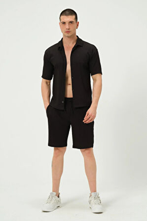 Erkek Crinkle Kumaş Regular Fit Şort Siyah