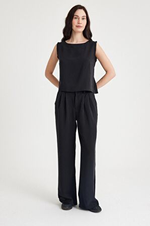 Barbora Keten Günlük Rahat  Kolsuz  Alt Üst Kadın Takım LN08siyahi1