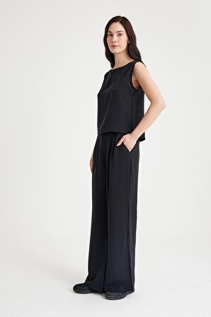 Barbora Keten Günlük Rahat  Kolsuz  Alt Üst Kadın Takım LN08siyahi1