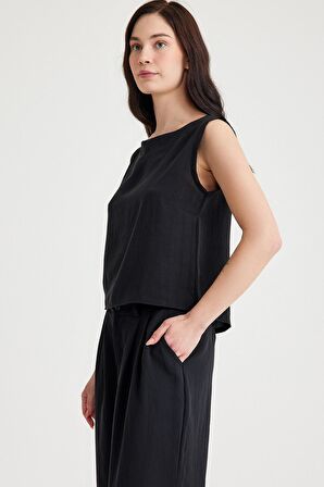 Barbora Keten Günlük Rahat  Kolsuz  Alt Üst Kadın Takım LN08siyahi1