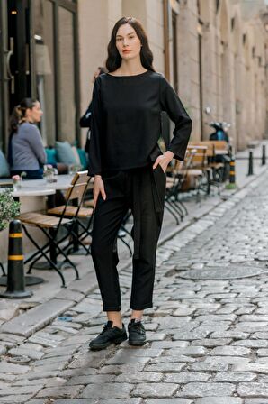 Barbora Keten Günlük Rahat Beli Kemerli Kadın İkili Takım Alt Üst LN01siyahd1