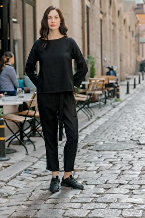 Barbora Keten Günlük Rahat Beli Kemerli Kadın İkili Takım Alt Üst LN01siyahd1