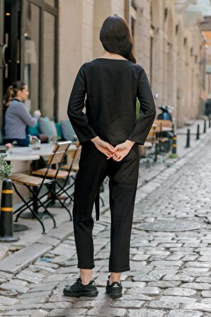 Barbora Keten Günlük Rahat Beli Kemerli Kadın İkili Takım Alt Üst LN01siyahd1