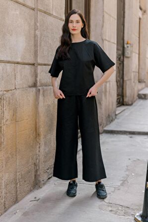 Barbora Keten Günlük Rahat Beli Lastikli Kadın İkili Takım Alt Üst LN10siyahd1