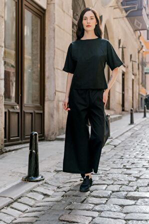 Barbora Keten Günlük Rahat Beli Lastikli Kadın İkili Takım Alt Üst LN10siyahd1