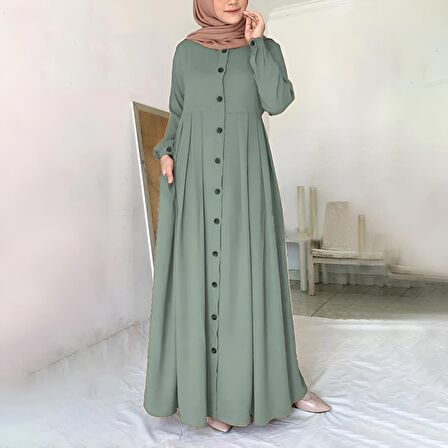 Barbora Keten Günlük Yazlık Tam Boy Tesettür Kadın Elbise LN391haki4