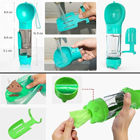 caselka® Taşınabilir Hazneli Mama Kaplı ,Kaka Poşetli Kedi,Köpek Suluğu-300ml