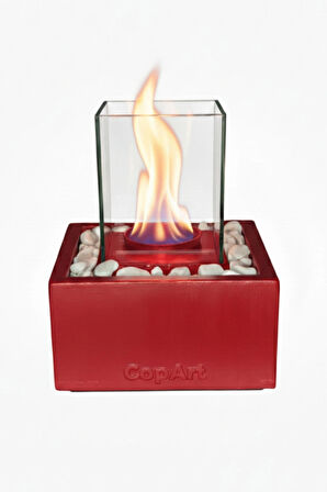CopArt Quadrata Kırmızı Biyoetanol Masaüstü Şömine - 1 Lt Yakıt ve Dekoratif Taş Hediye