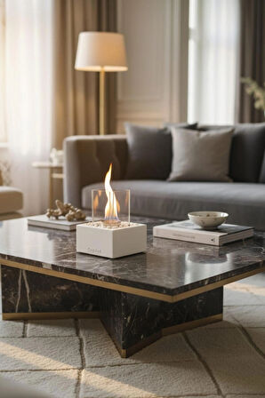 CopArt Quadrata Beyaz Biyoetanol Masaüstü Şömine - 1 Lt Yakıt ve Dekoratif Taş Hediye