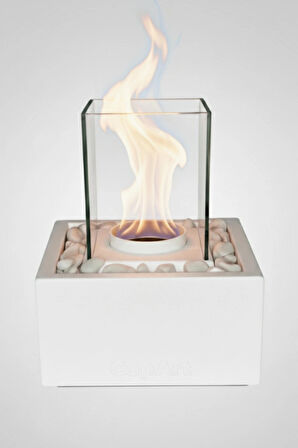 CopArt Quadrata Beyaz Biyoetanol Masaüstü Şömine - 1 Lt Yakıt ve Dekoratif Taş Hediye