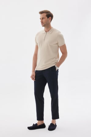 LIMITED Erkek Düz Fermuarlı Polo Yaka Rayon Triko Tişört Bej