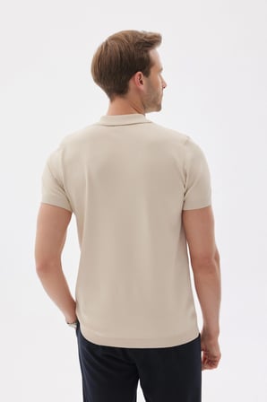 LIMITED Düz Fermuarlı Polo Yaka Rayon Erkek Bej Triko Tişört 