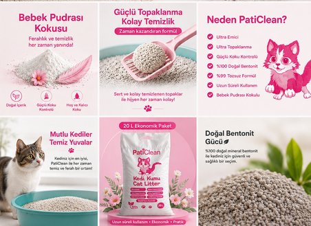 Pati Clean 20 Lt %99 Tozsuz Bebek Pudra Kokulu İnce Taneli Süper Topaklanan Beyaz Bentonit Kedi Kumu Organik Kedi Kumu