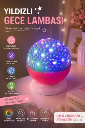 Ay - Yıldız Projeksiyon Gece Lambası Pembe 