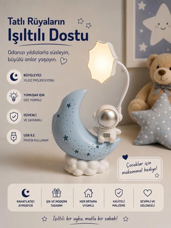 Astronot Ay Gece Lambası – Yıldız Projeksiyonlu USB LED Masa Lambası Mavi