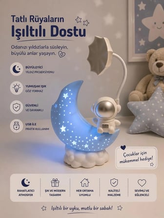 Astronot Ay Gece Lambası – Yıldız Projeksiyonlu USB LED Masa Lambası Mavi