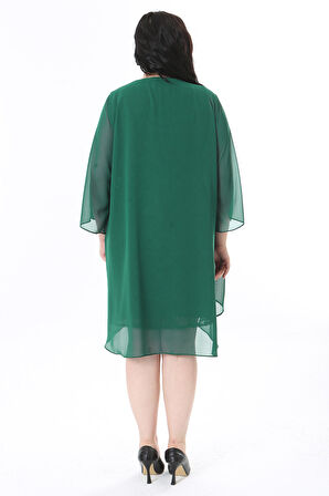 Kadın Büyük Beden İnci Yakalı Yeşil Dantel Midi Abiye Elbise