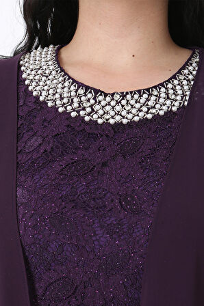 Kadın Büyük Beden İnci Yakalı Mürdüm Dantel Midi Abiye Elbise