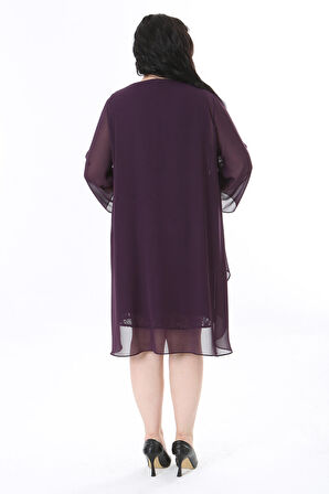 Kadın Büyük Beden İnci Yakalı Mürdüm Dantel Midi Abiye Elbise