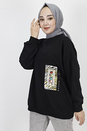 2 İp Kumaş İnci Ve Baskı Detaylı Oversize Sweatshirt