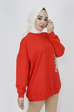 2 İp Kumaş İnci Ve Baskı Detaylı Oversize Sweatshirt