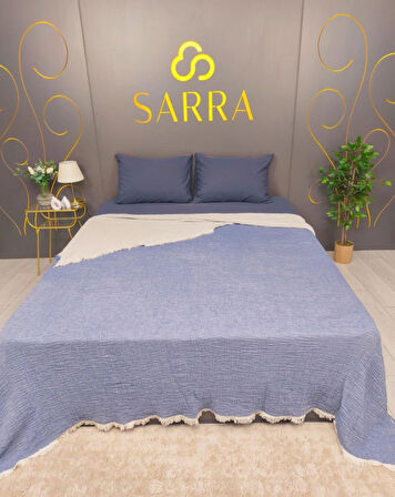 SARRA 160X240 TEK KİŞİLİK MÜSLİN YATAK ÖRTÜSÜ - İNDİGO MAVİ