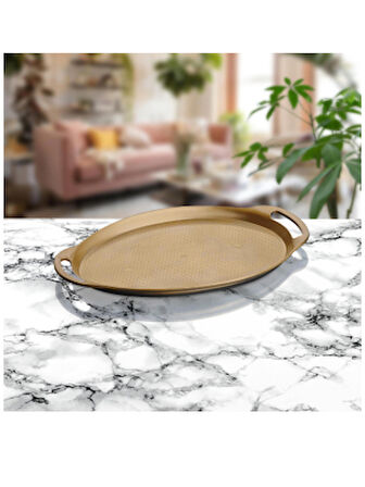 Plastik Oval Küçük Sunum Tepsisi 33 x 22 Cm Gold