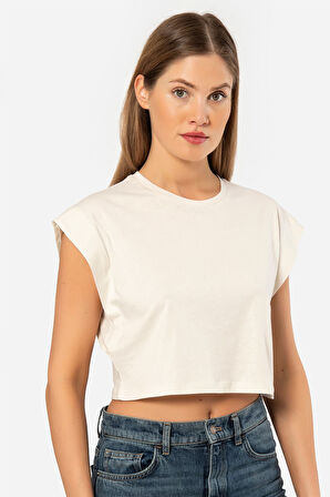 Türen Kadın Vatka Görünümlü Crop T-shirt 3402/Krem