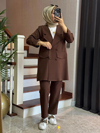 Casual Blazer Ceket Pantolon Takım Double Krep Kumaş Tesettür Giyim ST2187