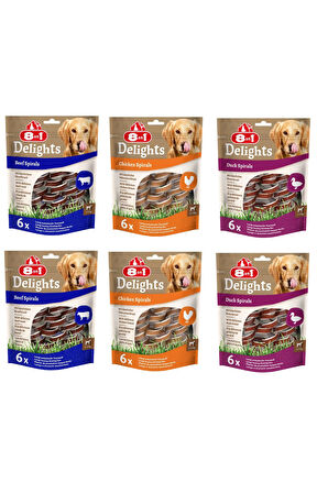 8in1 Delights Spirals 3 Çeşit Tavuklu + Biftekli + Ördekli Karma Burgu Ödül 6 Lı X 6 Adet